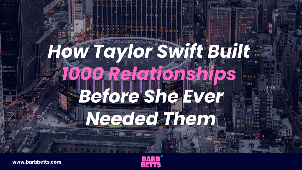 Aerial view of Madison Square Garden with the headline "How Taylor Swift Built 1,000 Relationships Before She Ever Needed Them," illustrating the power of relationship building through consistent human connection.