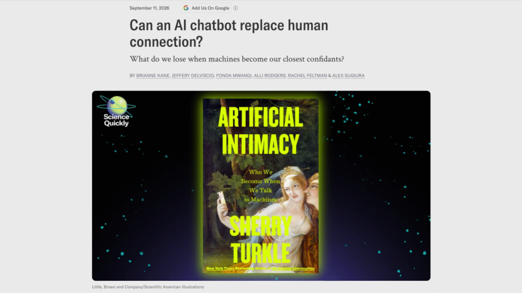 Barb Betts reflects on Sherry Turkle discussion of AI, artificial intimacy, and human connection in a conversation published by Scientific American.