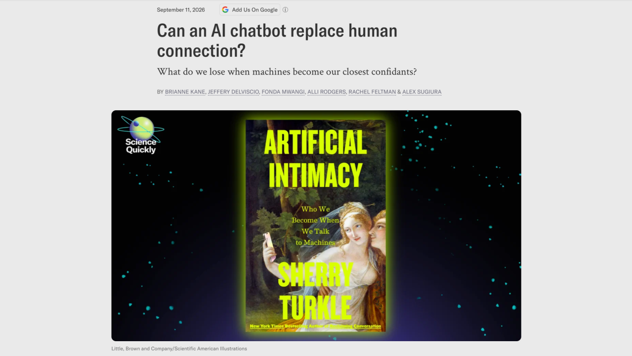 Barb Betts reflects on Sherry Turkle discussion of AI, artificial intimacy, and human connection in a conversation published by Scientific American.